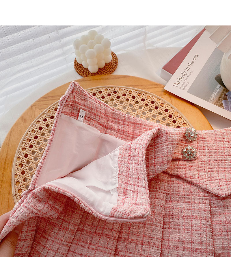 Korean version design shows thin high waist tweed A-shaped plaid skirt  5502