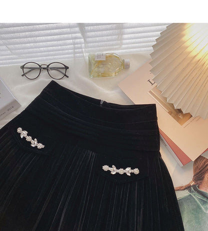 Golden velvet skirt, small design, decorative high waist A-line skirt  5334