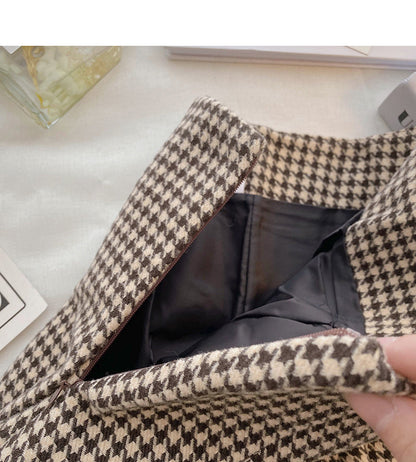 Design sense of niche Hong Kong style high waist thousand bird check skirt  5418