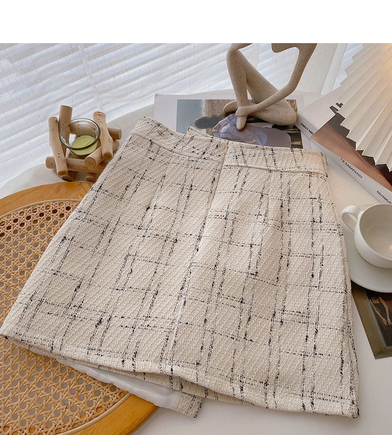 Korean irregular design waist A-shaped thin plaid skirt  5322