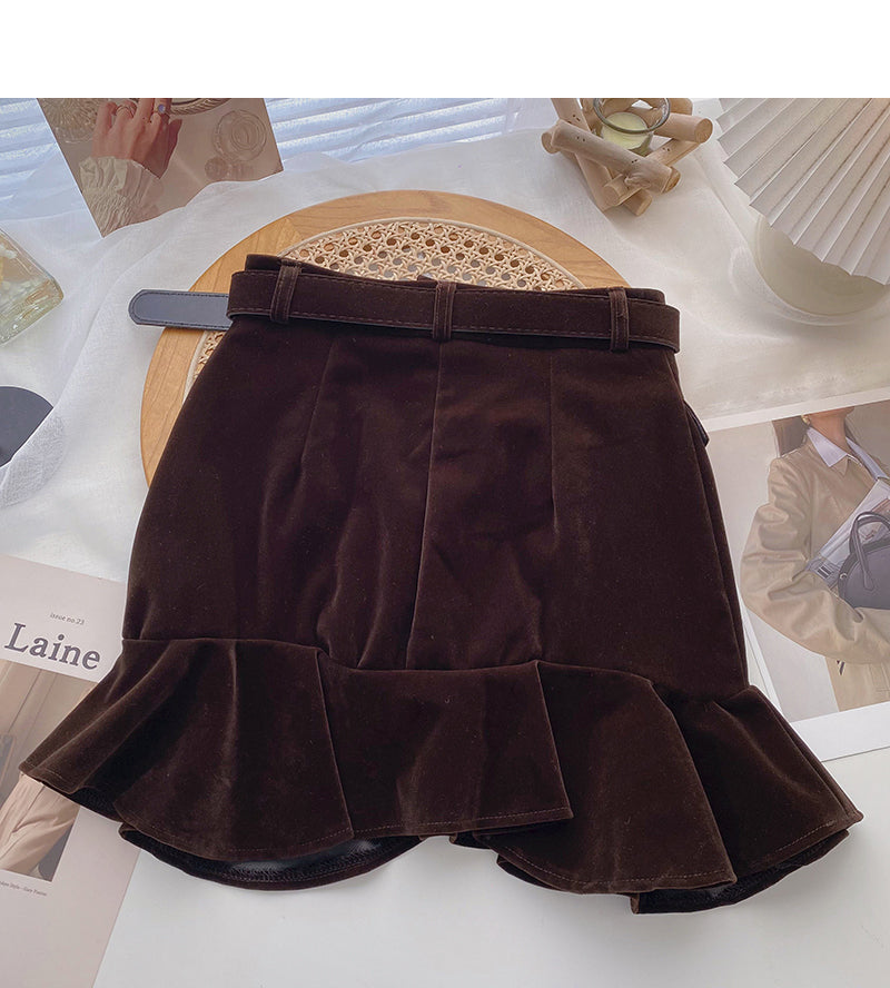 Golden velvet high waist A-shaped fishtail skirt for women  5384
