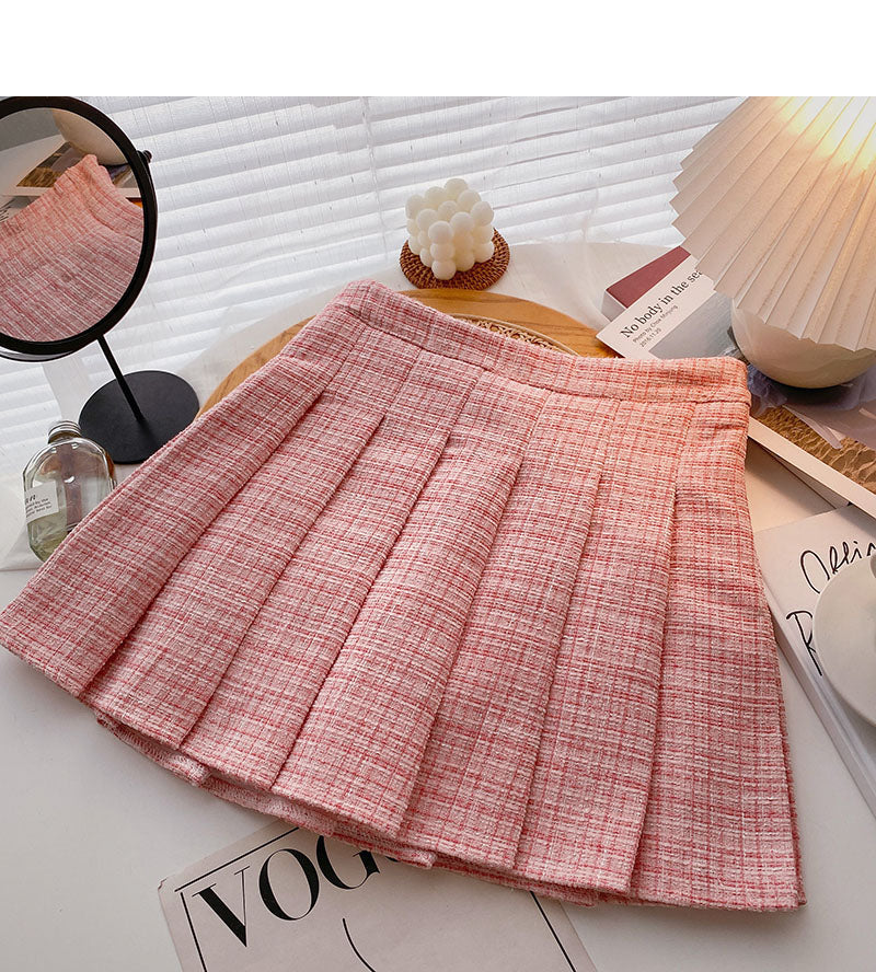 Korean version design shows thin high waist tweed A-shaped plaid skirt  5502