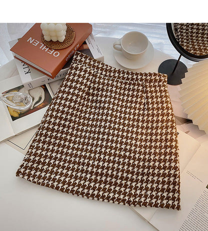 Retro Hong Kong flavor thousand bird lattice thin short skirt women's wear  5297