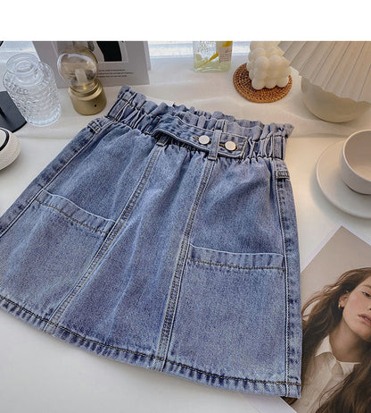 Versatile slim elastic waist denim Vintage A-line skirt  5340