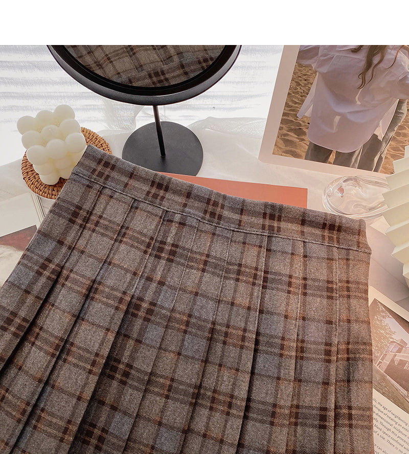 Retro age reducing versatile student A-shaped high waist plaid skirt  5473