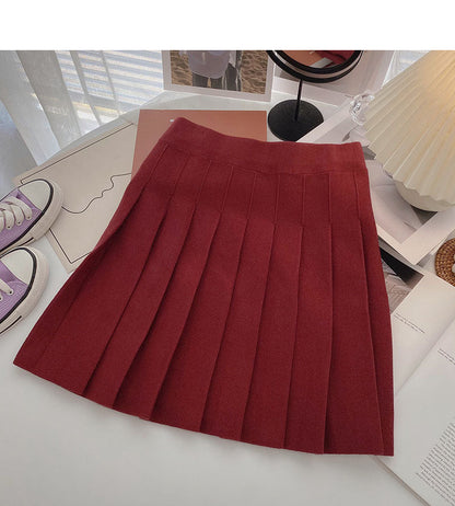 Korean version small man solid color versatile knitted A-shaped high waist skirt  5452