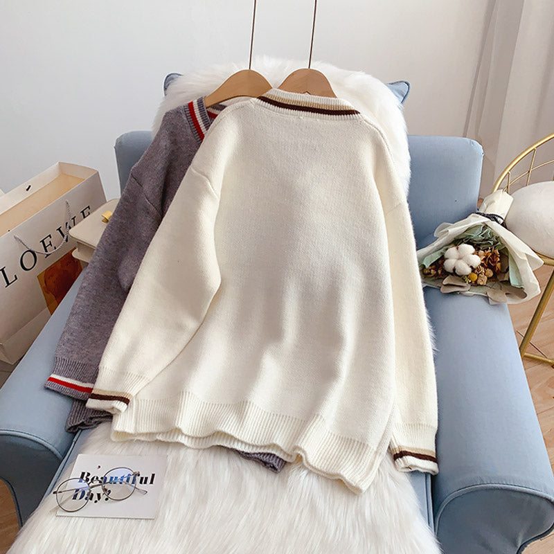 Ling Ge retro V-Neck Sweater sweater sweater top  5201