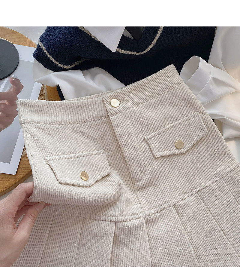 Pleated Hip Wrap Skirt high waist corduroy A-line skirt  5282