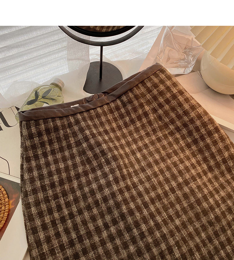 High waist wrap buttock woolen skirt shows thin Plaid A-line skirt  5347