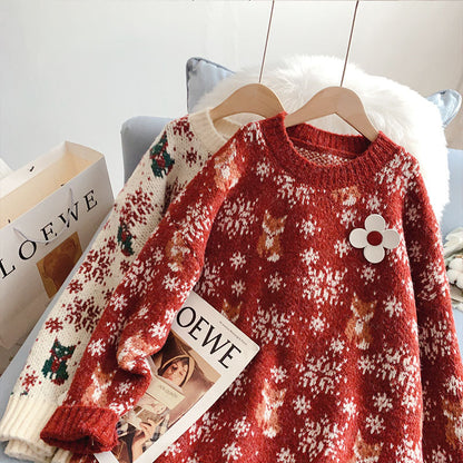 Vintage Red Christmas jacquard knitted sweater  5125