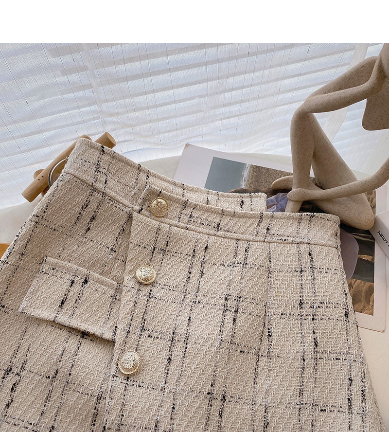 Irregular design high waist single breasted A-line slim plaid skirt  5320