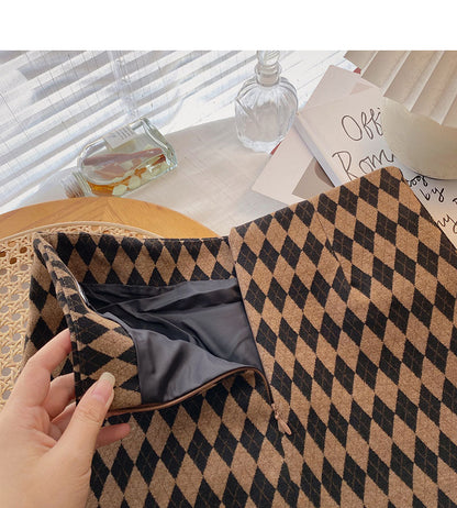 Hong Kong style retro fashion color matching Plaid thin high waist skirt  5343