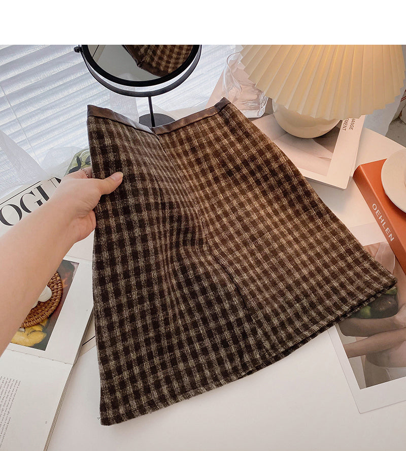 High waist wrap buttock woolen skirt shows thin Plaid A-line skirt  5347