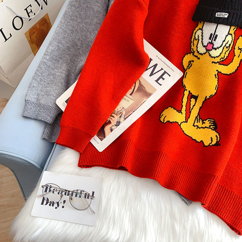Red cute cartoon round neck sweater female  5142