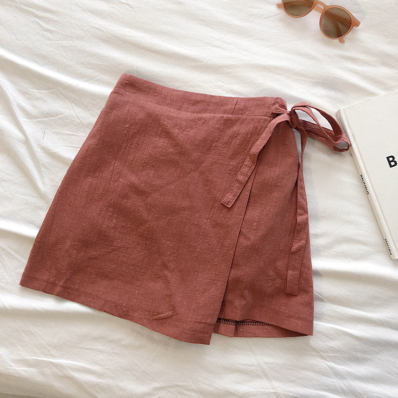 Bow tie lace up cotton hemp skirt high waist anti tarnish  5337