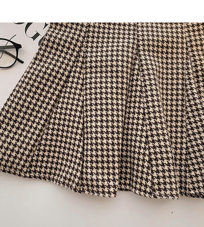 Design sense of niche Hong Kong style high waist thousand bird check skirt  5299