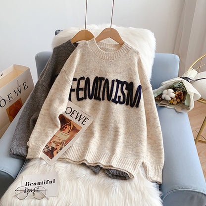 Lazy wind round neck letter sweater  5186