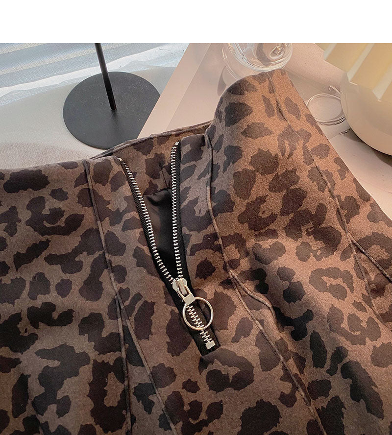 Design sense personalized zipper high waist A-line leopard skirt  5315