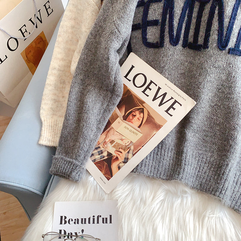 Lazy wind round neck letter sweater sweater sweater top  5221