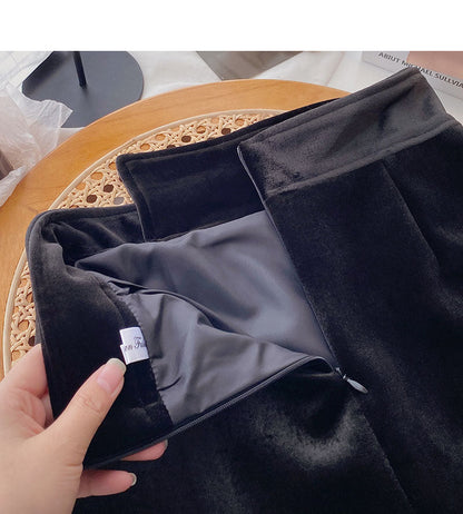 Golden velvet skirt irregular personality button high waist  5361
