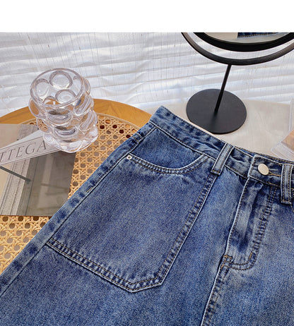 Denim skirt solid split high waist A-line skirt  5358