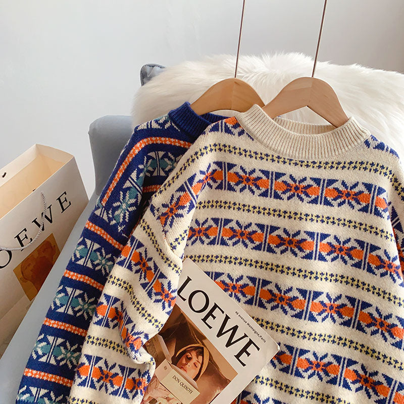 Round neck Vintage jacquard soft waxy sweater female  5166