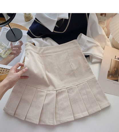 Pleated Hip Wrap Skirt high waist corduroy A-line skirt  5282