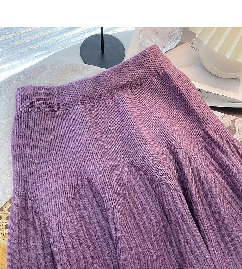 Knitted skirt, versatile pleated high waist A-line skirt  5339
