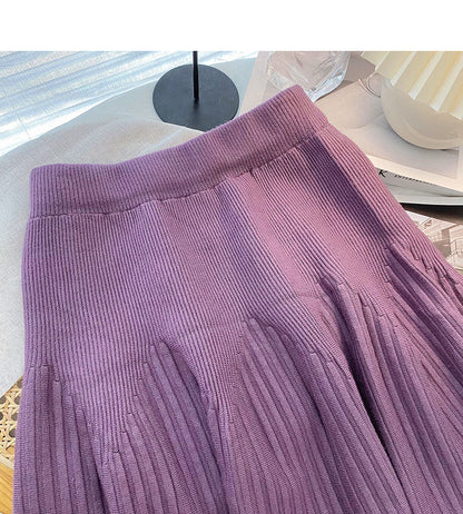 Knitted skirt, versatile pleated high waist A-line skirt  5339