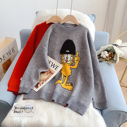 Red cute cartoon round neck sweater female  5142