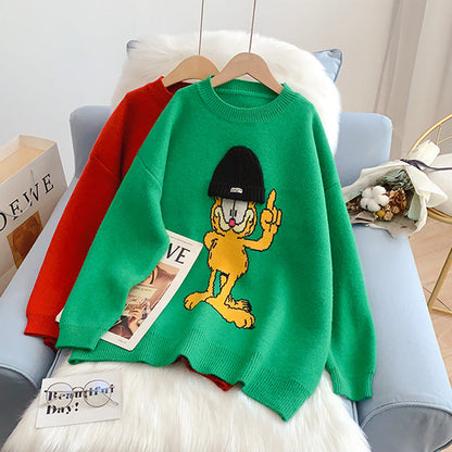 Red cute cartoon round neck sweater female  5142