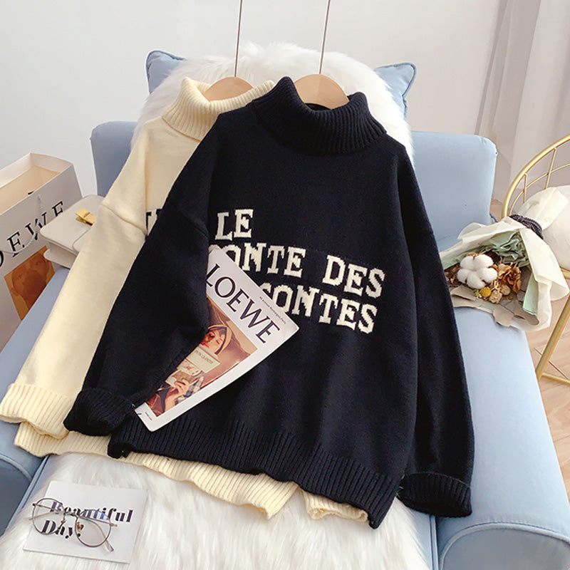 High neck sweater loose lazy coat letter sweater  5232