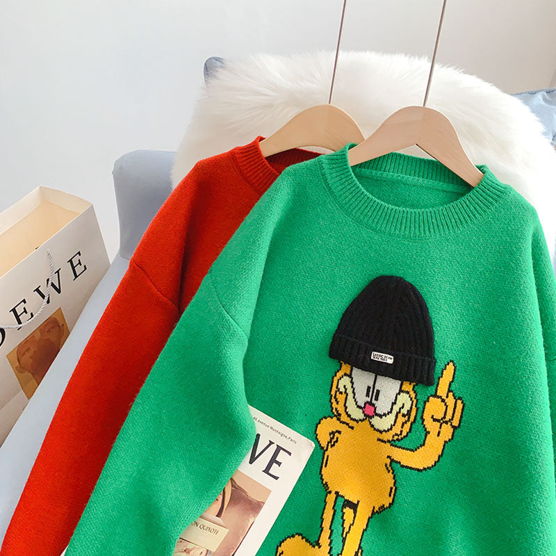 Red cute cartoon round neck sweater female  5142