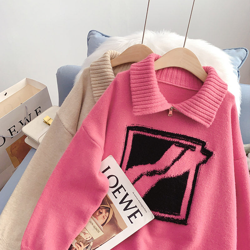 High neck zipper sweater female design sense minority  4985