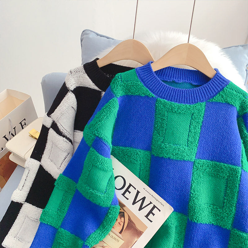 Lazy wind contrast plaid sweater  5063