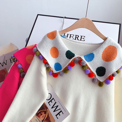 Large lapel color ball sweater aging sweater top  4951