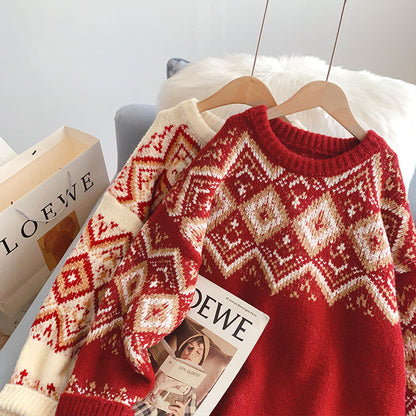 Vintage Lingge lazy wind Red Christmas Sweater  4970