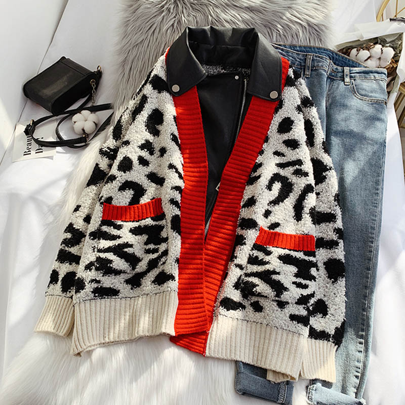 Leopard print foreign style knitted cardigan piecing European goods  5105