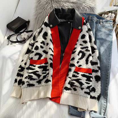 Leopard print foreign style knitted cardigan piecing European goods  5105