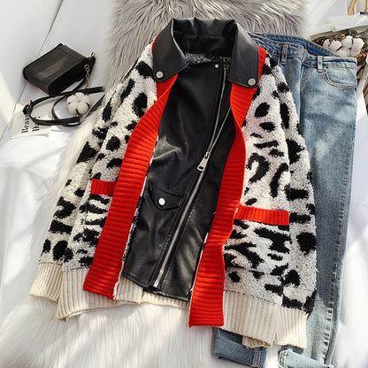 Leopard print foreign style knitted cardigan piecing European goods  5105