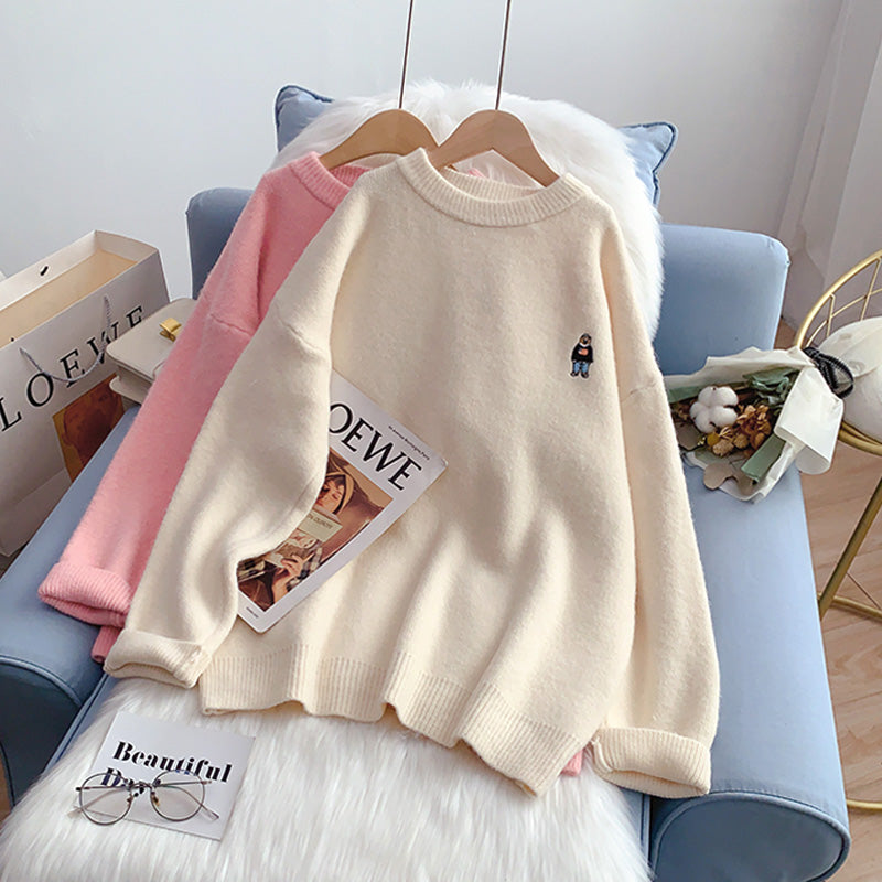 Embroidered bear sweater women's versatile sweater top  5029
