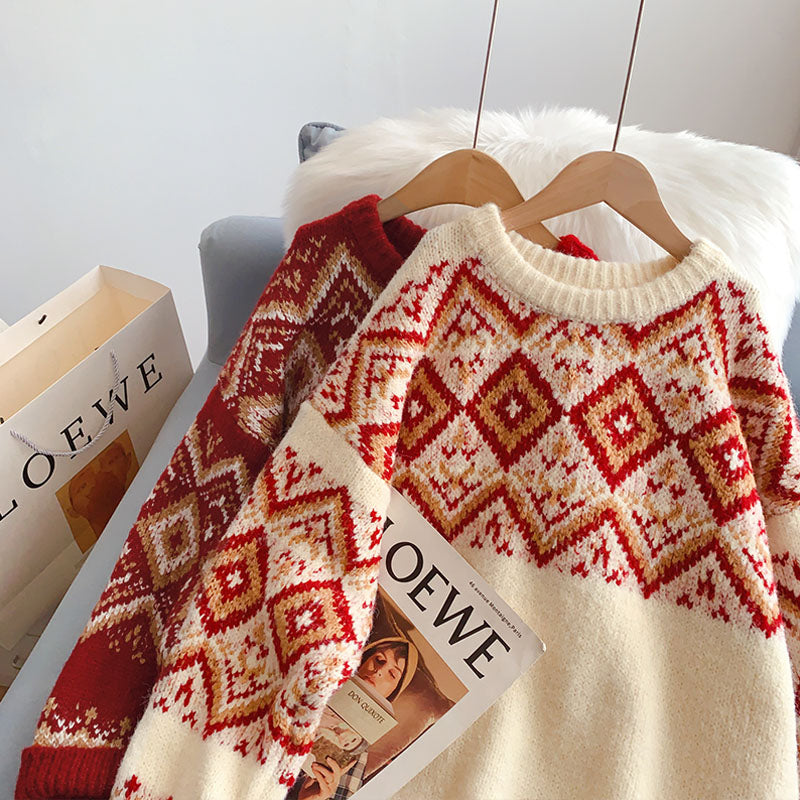 Vintage Lingge lazy wind Red Christmas Sweater  4970