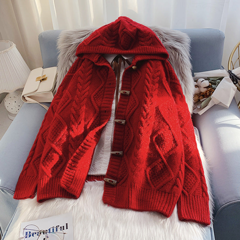 Ox horn button hooded twist sweater coat  4990