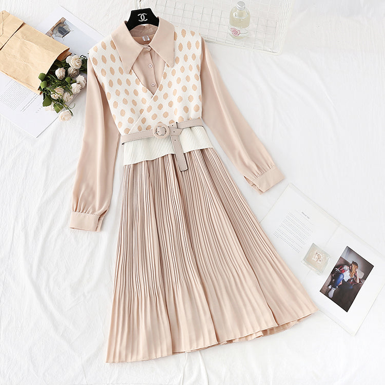 French retro wave point vest long skirt two-piece suit  4732