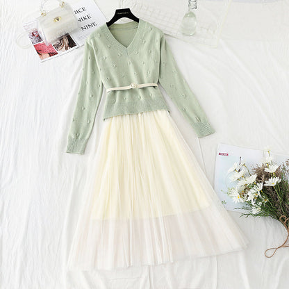 New gentle sweater with mesh suspender skirt two-piece set  4739