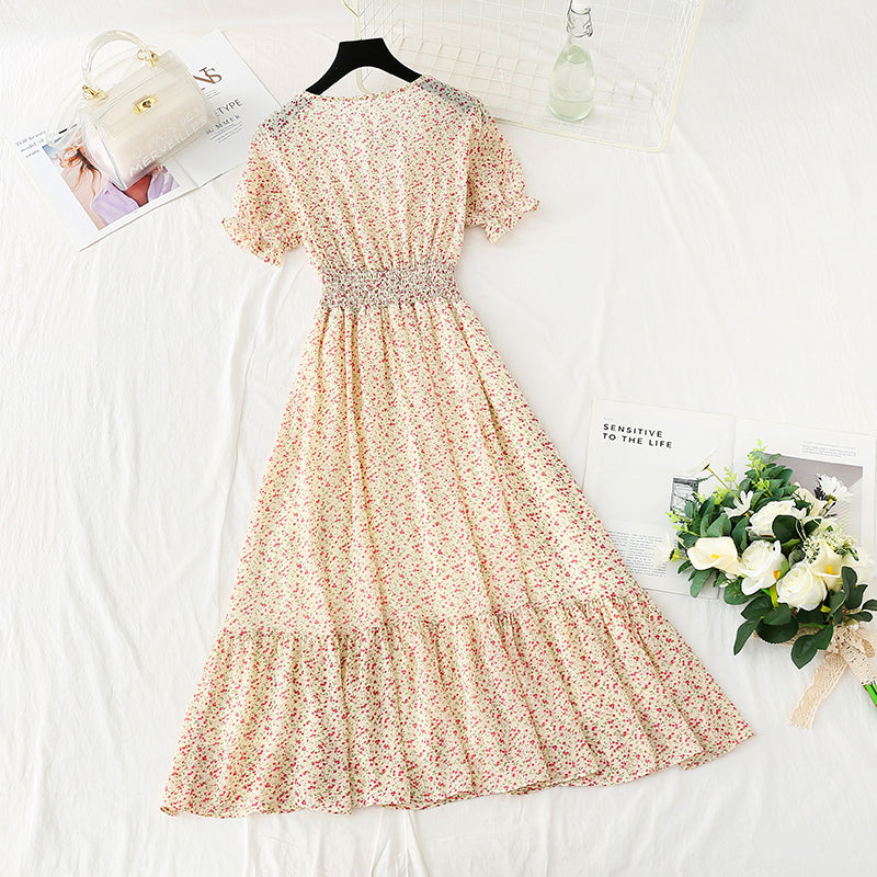New French gentle style V-neck fungus edge Chiffon temperament small skirt  4858