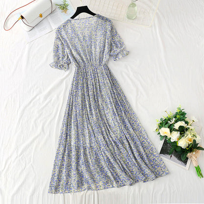 New doll neck Floral Chiffon pleated French retro fairy skirt  4880