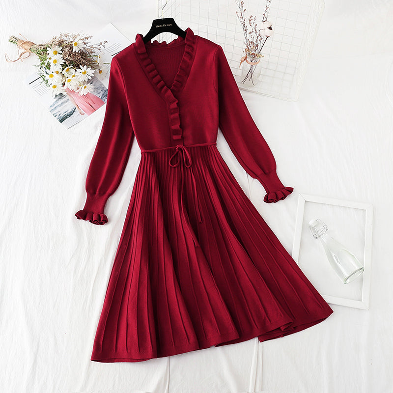 New slim lace up knitted skirt over the knee with temperament Christmas skirt  4801