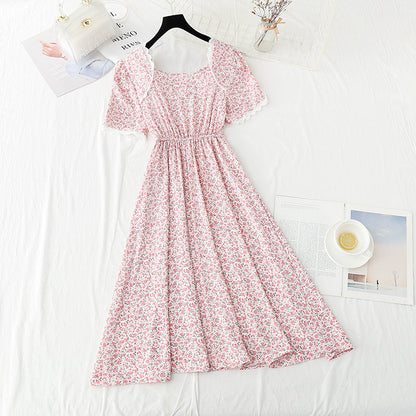 Square collar lace edge sweet floral skirt tea break temperament small skirt  4888