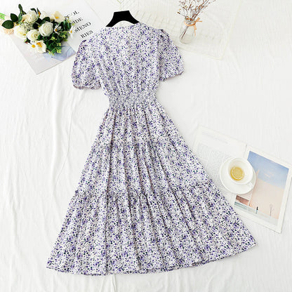 New doll collar skirt bubble sleeve floral medium length skirt  4877